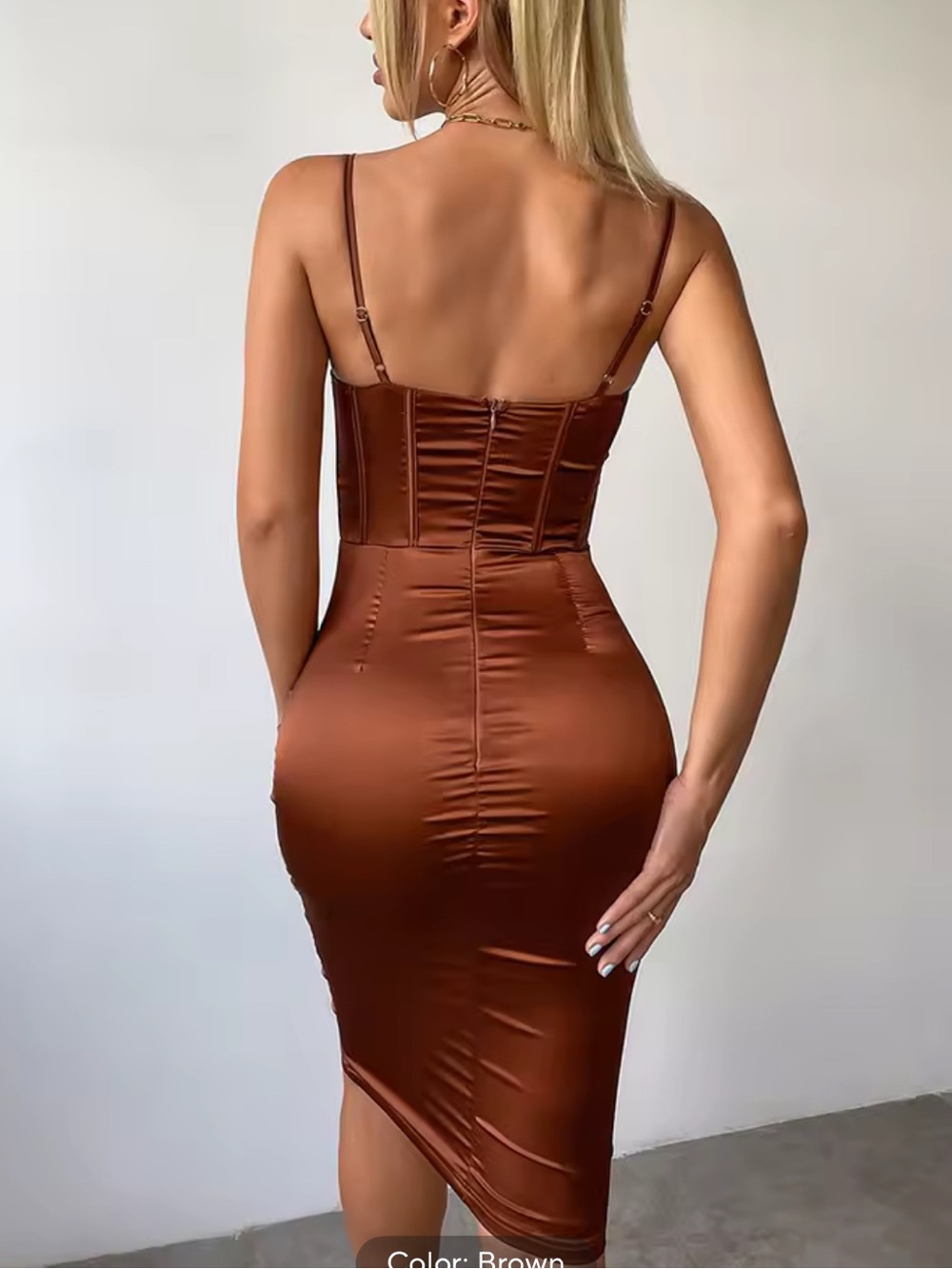 REVOLVE Satin Corset Midi Dress in Copper Brown - Picture 2 of 3
